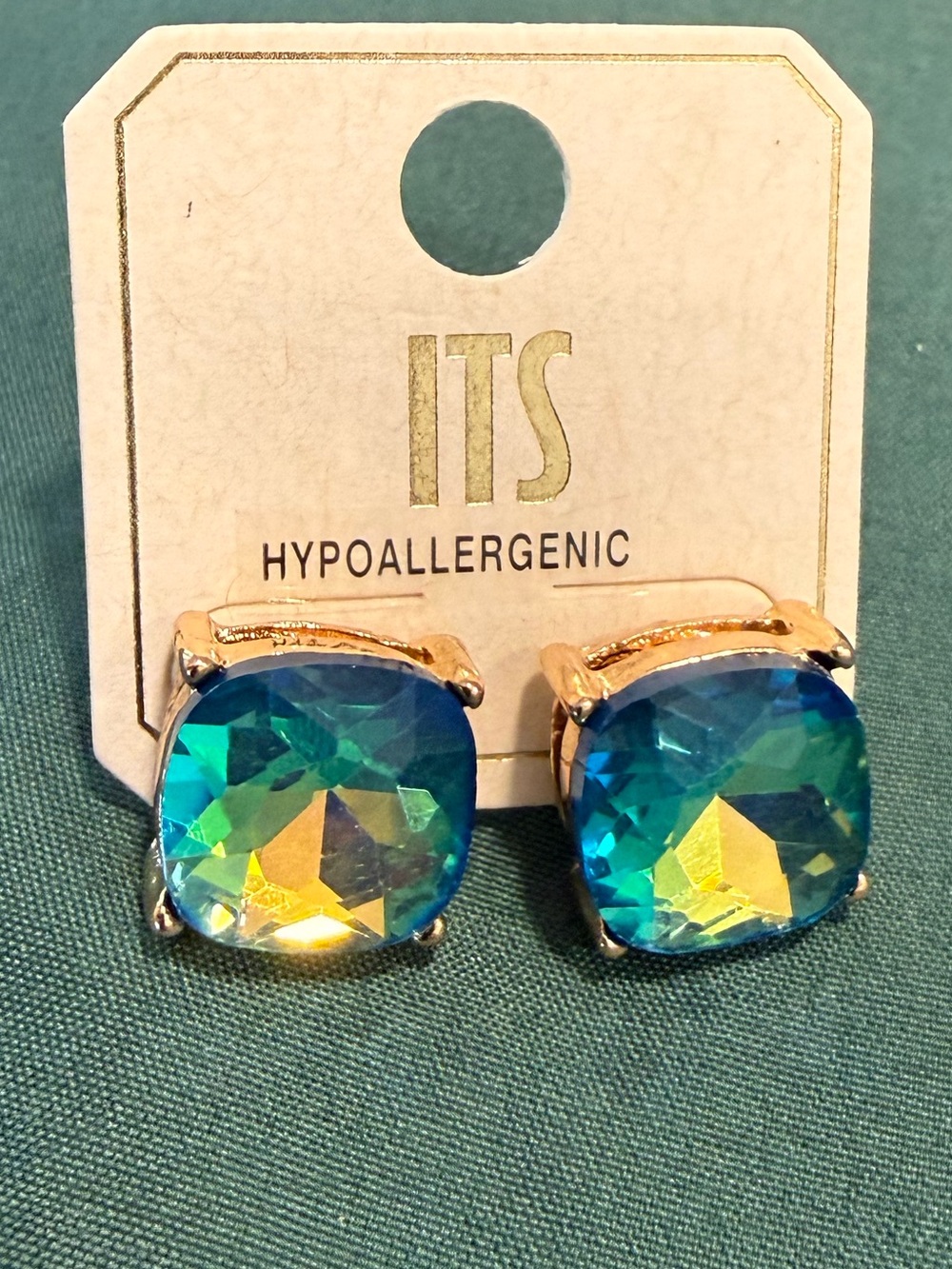 Iridescent post earrings shimmery blue green yellow beveled square gold tone